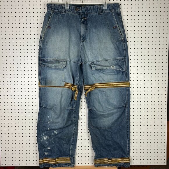Girbuad Baggy Shuttle Tape Jeans 40x34 RARE Hip Hop 90s Blue Gold Tupac Distress - Picture 1 of 9